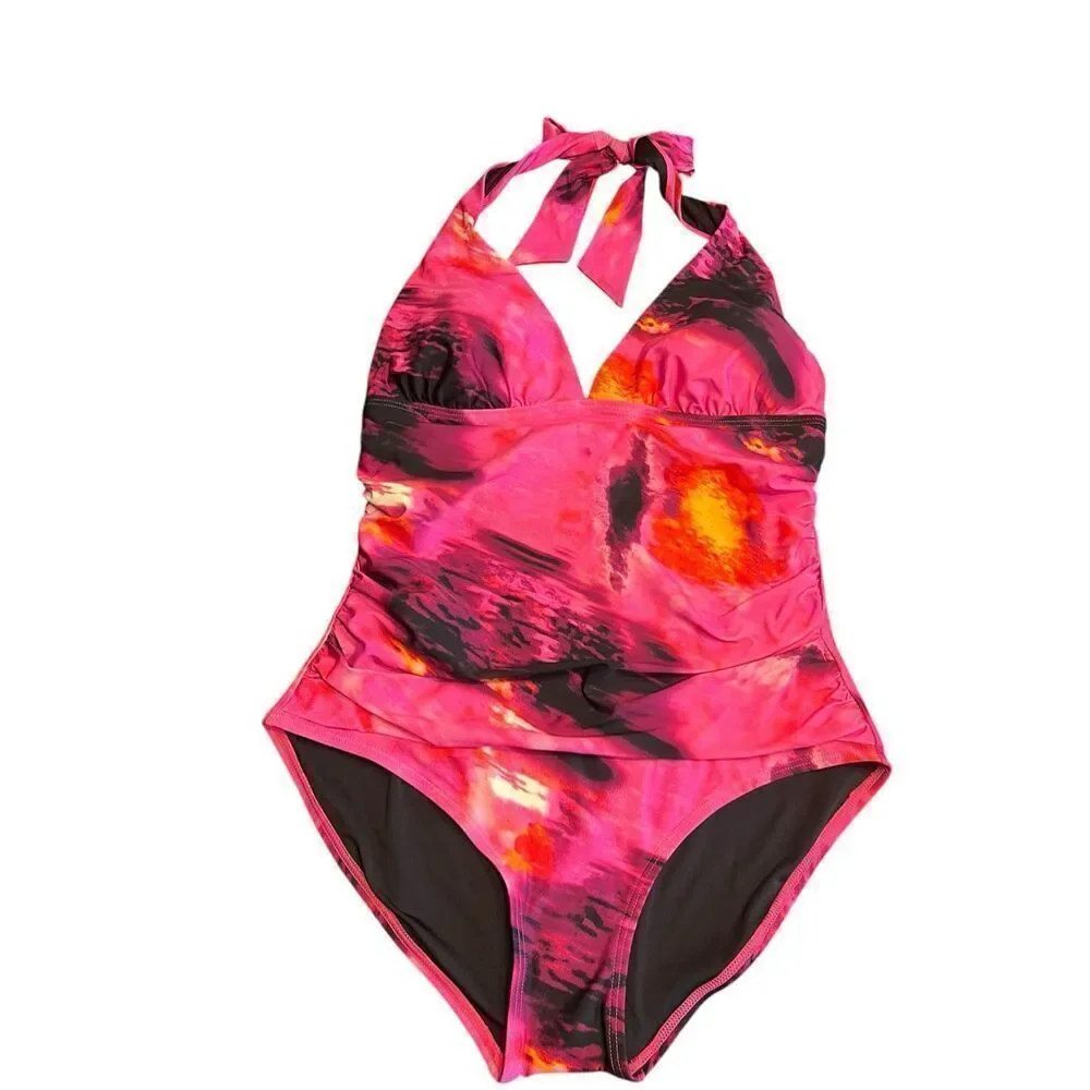 DKNY Womens Size XL Tie Back Halter Style One Piece Swimsuit Pink Black New - Picture 2 of 5